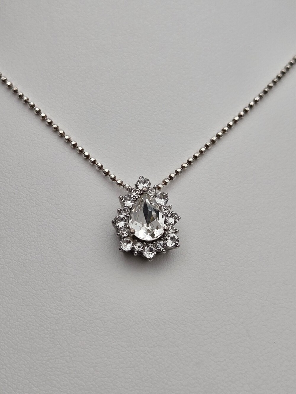 Halo Teardrop Pendant Italy Ball Chain Necklace IBB CZ Pendant 16"